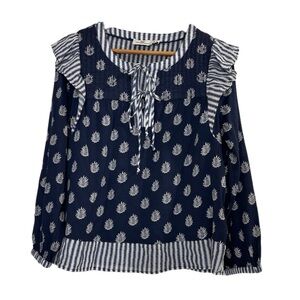 Vineyard Vines navy blue & white palm pattern long sleeve blouse